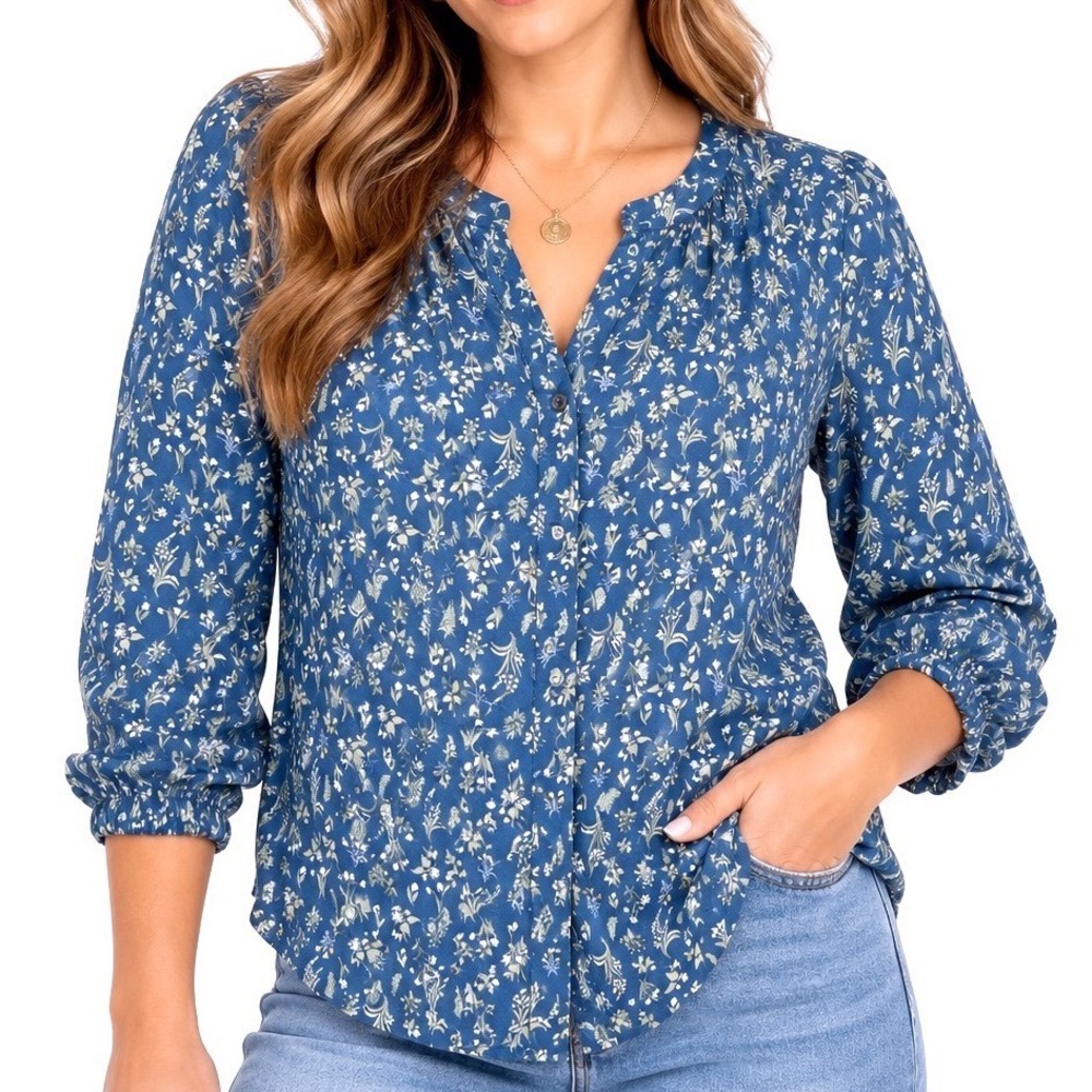Jachs Girlfriend Blouse Womens S Blue Floral Button Up Pleated Back 3/4 Sleeve